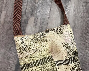 Farmer's market tote, potato sack interior, green print exterior, leather strap