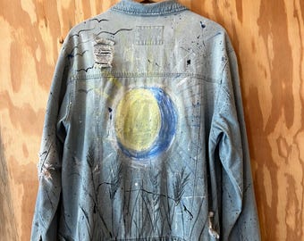 Hand Painted Denim Jacket | Celestial Sun and Moon Jean Jacket | Upcycled Wearable Art | One of a Kind Vintage Boho Festival Outerwear