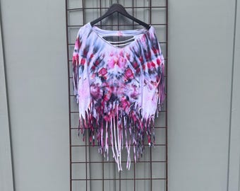 Fringe Tie Dye T-Shirt | Hand Cut Cotton Graphic Tee | Thrifted Upcycled Wearable Art | One of a Kind Festival Top | Boho Gypsy Streetwear