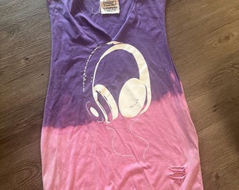 In The LAB Muscle Tee | Hand Cut V-Neck Graphic Shirt | Purple and Pink Dip Dyed Top | DJ Music Producer Streetwear | Retro Festival Tank