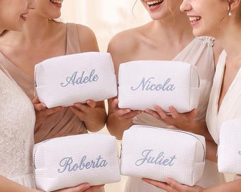 Personalized Waffle Makeup Bag, Custom Embroidered Cosmetic Bag, Bridesmaid Gift, Monogram Toiletry Pouch, Bridal Shower Gift