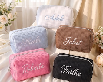 Custom Name Waffle Cosmetic Bag, Embroidered Makeup Pouch, Bridesmaid Proposal Gift, Travel Toiletry Bag, Gift for Her