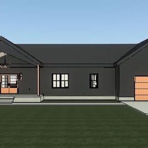 May include: A black and white modern house with a large garage door. The garage door is a light brown color and has a horizontal panel design. The house has a front porch with a wooden railing and a light brown door.