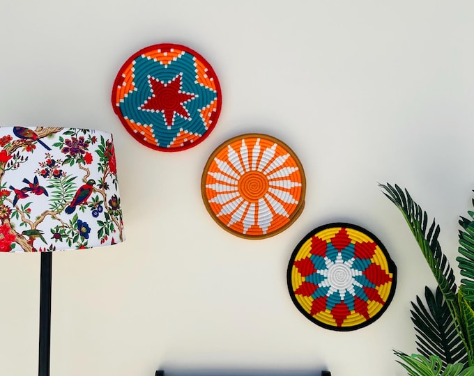 Set of 3 Handwoven Wall Baskets - Tribal Design Wall Hangings - Colorful Boho Wall Decor