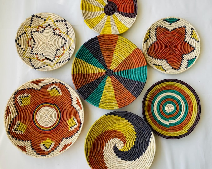 Handwoven Boho Tribal Wall Basket Set of 7 - Natural Fiber Geometric Sunburst Decor - African Ethnic Woven Wall Art - Bohemian Wall Decor
