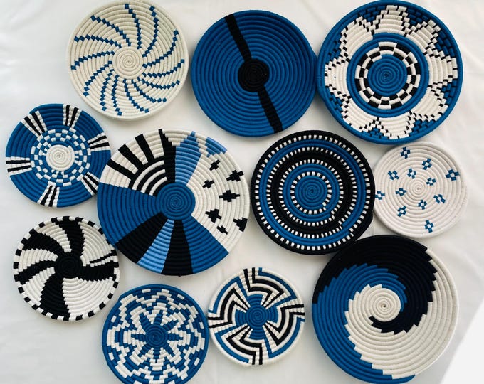 Blue & White Woven Wall Baskets Set Of 3,4,5,6,7,8,9,10 and 11, Boho Wall Baskets, Basket Wall Art, African Wall Basket, Bohemian Wall Decor