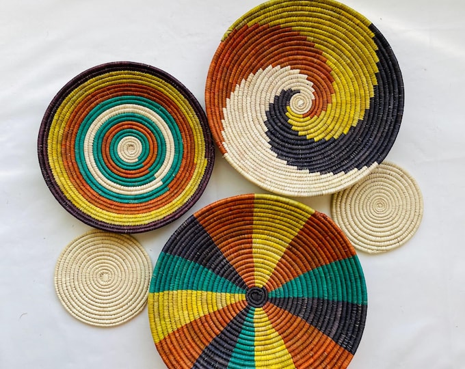 Woven Boho Wall Basket Set Of 5 - African Wall Baskets - Basket Wall Art - Wall Hanging Baskets - Wall Basket Decor - Rustic Wall Decor