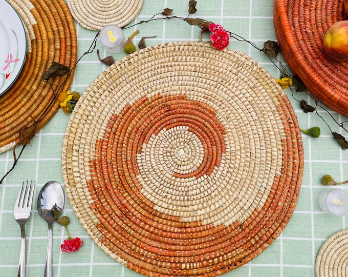 Spiral Round Woven Placemats - Orange & Natural Placemats 14in - Boho Placemats - Woven Table Mats - Boho Dining Table Decor