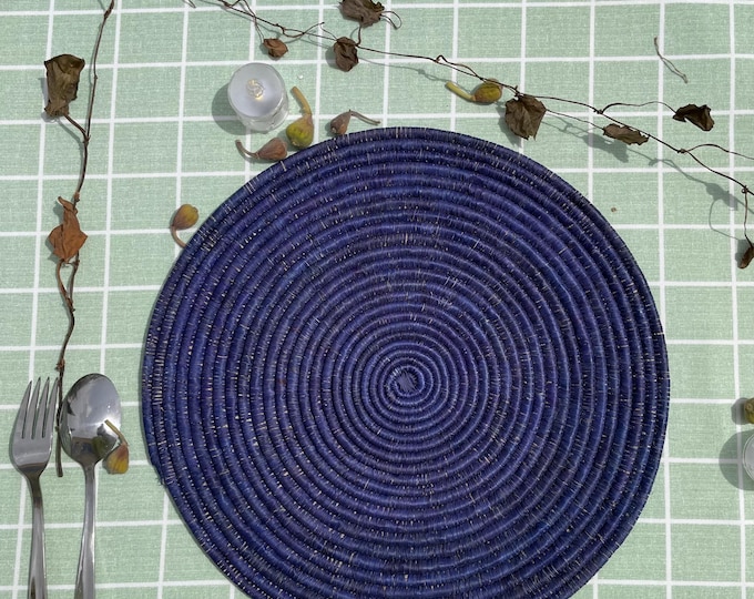 Boho Blue Palm Leaf Placemat Set: Woven Round Table Mat