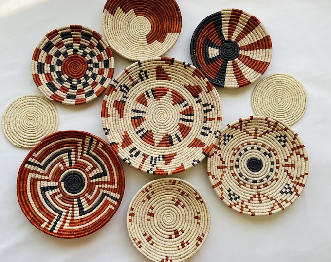 Neutral & Earthy Tones Woven Wall Baskets Set Of 9, Boho Wall Baskets decor, Basket Wall Art, Rustic Wall Hanging Decor, African Wall Basket