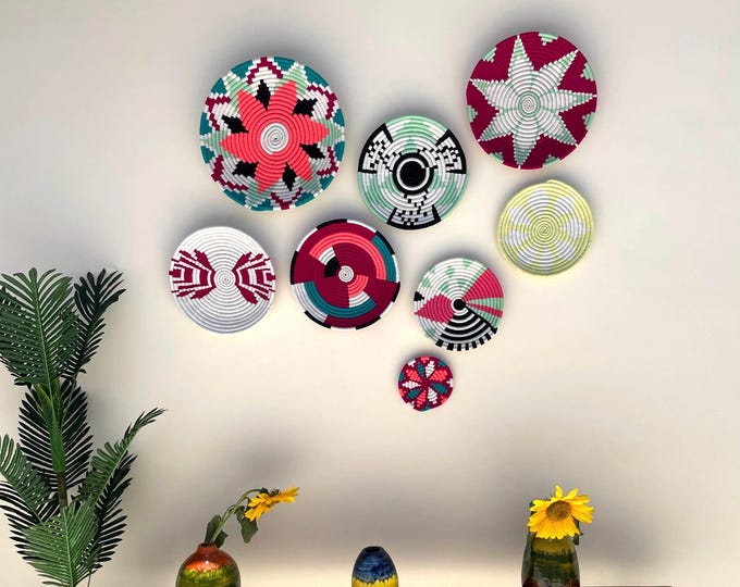 Set of 8 African Wall Baskets: Colorful Boho Wall Decor