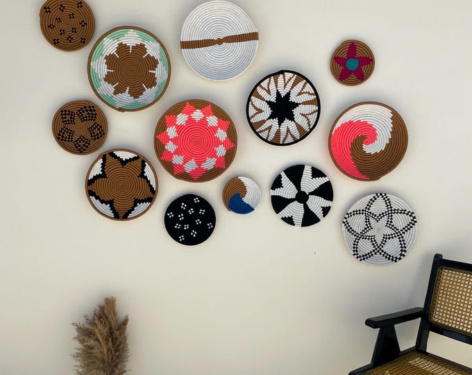 Handwoven Boho Wall Basket Set Of 13, Tribal Wall Baskets, Basket Wall Decor, Boho African Decor, neutral hanging baskets art