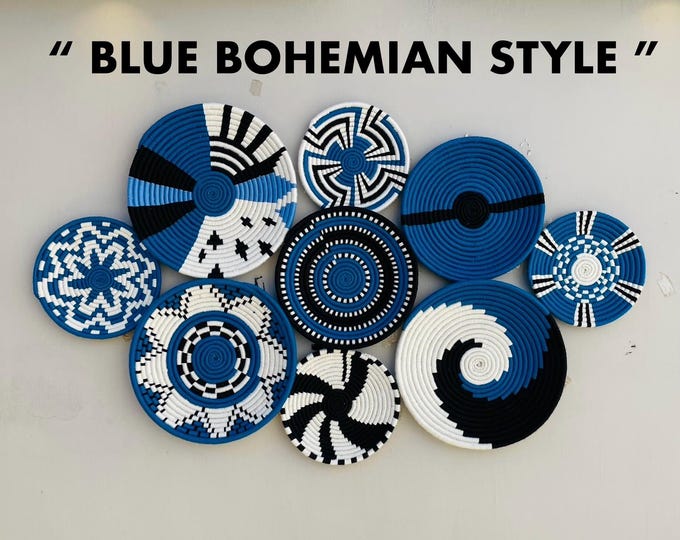 Blue Black & White Woven Wall Basket Set of 9 - Boho African Wall Baskets - Hanging Wall Basket Decor - Coastal Blue wall Art