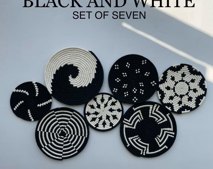 Boho Wall Basket Set of 7, Black & White woven basket Decor, African Wall Baskets, Bohemian Wall Hangings