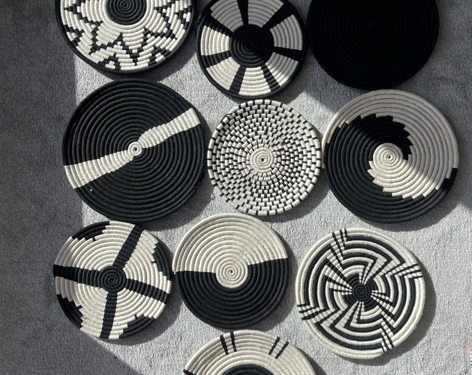 Handwoven Wall Basket Set of 10, Bohemian Wall Hanging, Black And White wall Art, Woven African Baskets, Living Room & Bedroom Wall Art