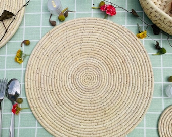 Jogos americanos redondos de folha de palmeira trançada à mão, estilo boho, para mesa, ecológicos, para decoração natural de sala de jantar, louça boho, 35 cm (14 polegadas)