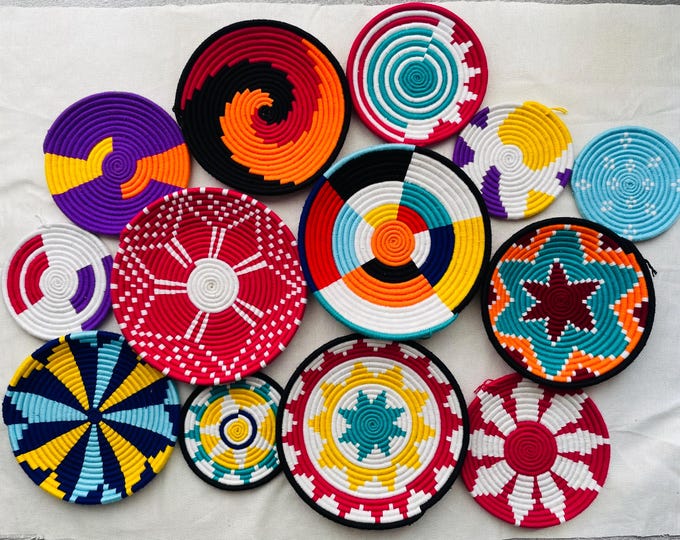 Colorful African Wall Basket Set of 13 - Woven Wall Baskets - Boho Wall Baskets - Hanging Wall Basket Decor - Bohemian wall Decor