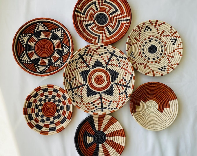 Woven Wall Basket Set Of 7, Handwoven African Baskets for Wall Decor, Neutral Rustic Boho Wall Art, Tribal Home Decor, Earthy tone Baskets