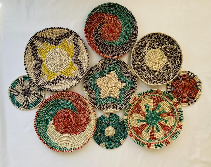 Handwoven Wall Baskets Set Of 9; Boho Wall Decor, Rustic Woven Basket Wall Decor, Handmade Eco-Friendly Seagrass Basket, Housewarming Gift