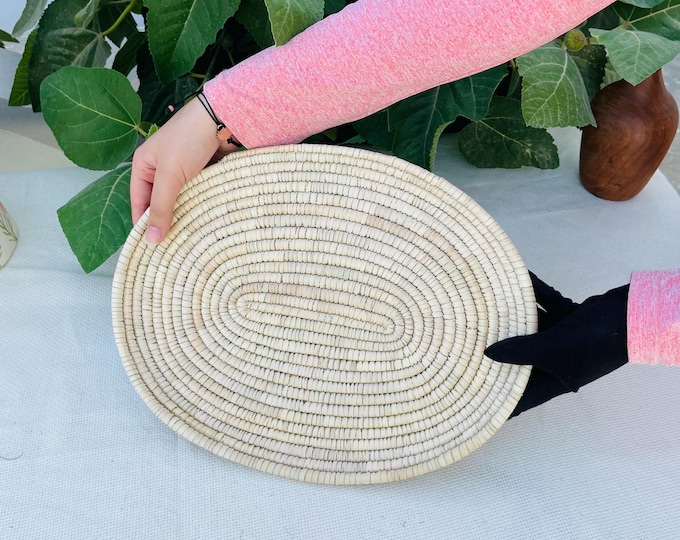Handmade Woven oval Palm Leaf Tray: Boho Table Decor, Fruit Tray
