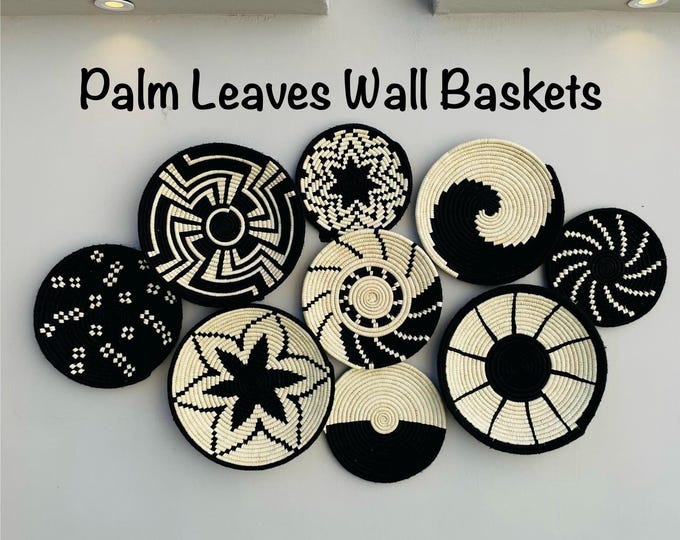 Black and White Boho Wall Basket Set of 9 - Woven African Wall Baskets - Hanging Wall Basket Decor - Basket Wall Art - Bohemian wall Decor