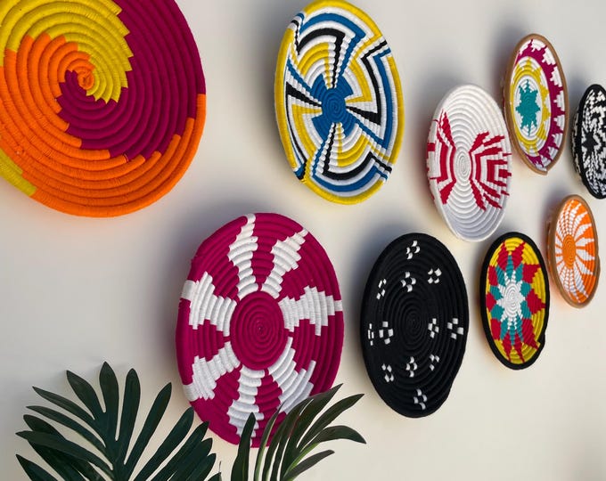 Vibrant wall Hanging Baskets set of 9, African wall baskets, handwoven wall baskets, wall basket set, boho wall baskets, assorted baskets