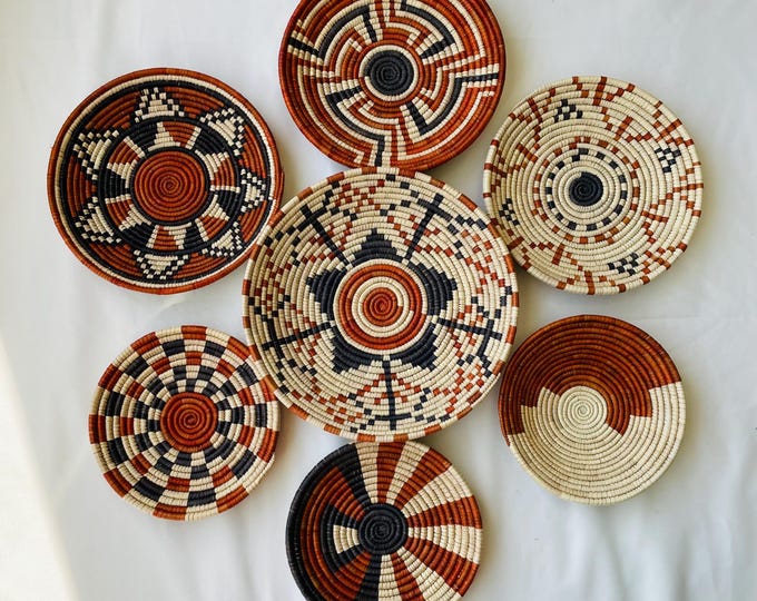 Boho Wall Basket Set Of 7, Handwoven African Baskets for Wall Decor, Neutral Rustic Woven Wall Art, Tribal Home Decor, Beige Brown Baskets