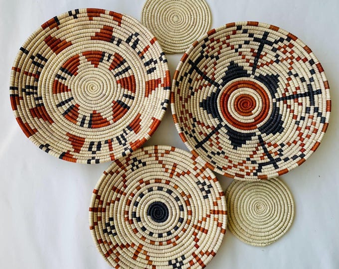 Wall Basket Decor Set of 5, Woven African Wall Baskets, Woven Wall Hangings, Boho Wall Baskets, Basket Wall Art, Rustic Wall Hanging Decor