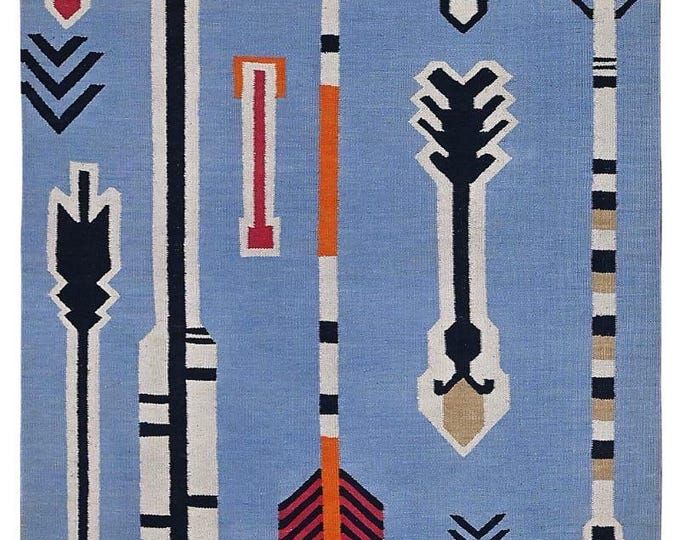 Arrow Play Navajo Rug By Suzzi homes, Blue Navajo Kilim rug, Native American Rug, Traditional Wool Rug, 8x10, Boho Home Decor