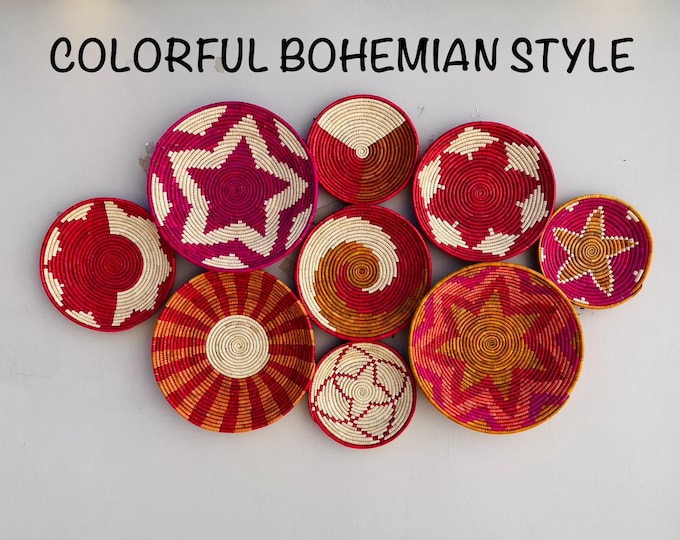 Woven Crimson Wall Basket Set Of 9, Hand Woven African Basket For Wall Decor, Colorful Rustic Boho Wall Art, Tribal Home Decor Hangings