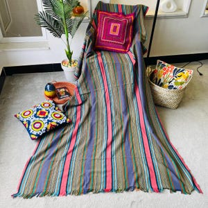 Extra large Artisan Colorful Striped Handwoven throw blanket, handwoven cotton blanket ,114 x 50 inches, large bed Runner ,Cozy Couch Throw