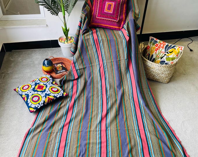 X large pink green striped throw blanket, woven throw for couch, chair & sofa, Fall colorful throw, bed runner, funky throw for living room