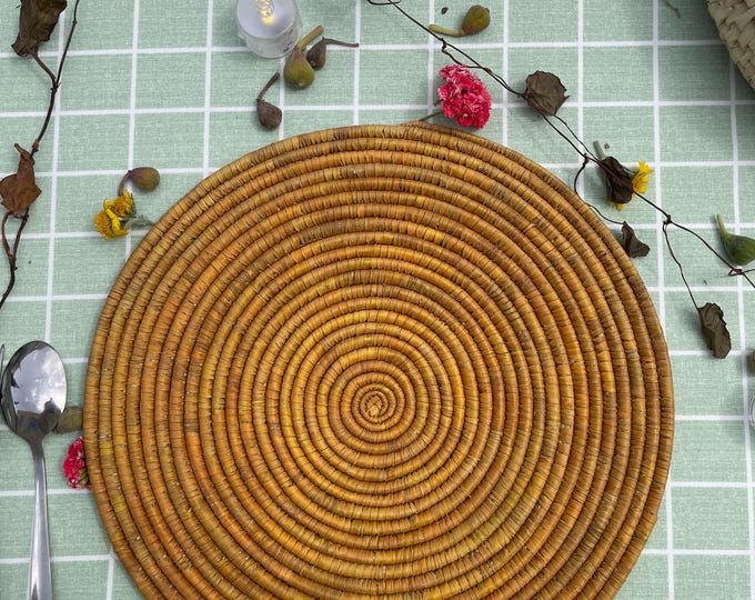 Boho Mustard Palm Leaf Placemats: Round Woven Table Decor