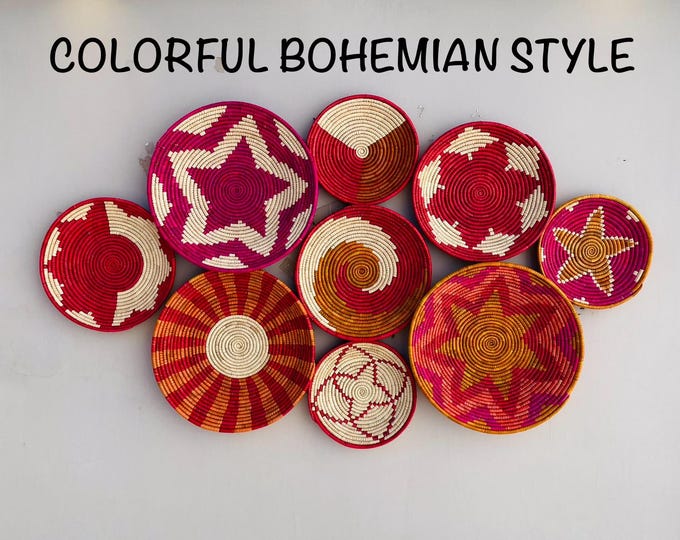 Woven African Wall Baskets Set Of 9, Boho Wall Basket Deocr, Colorful Sea Grass Decorative Baskets, Handwoven Eco Friendly Hanging Baskets