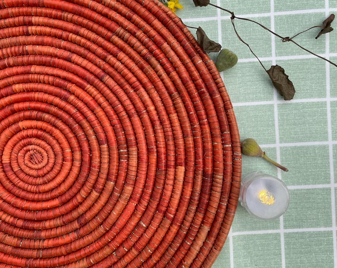 Boho Woven Palm Placemats: Terracotta Rustic Table Decor, 14 inch