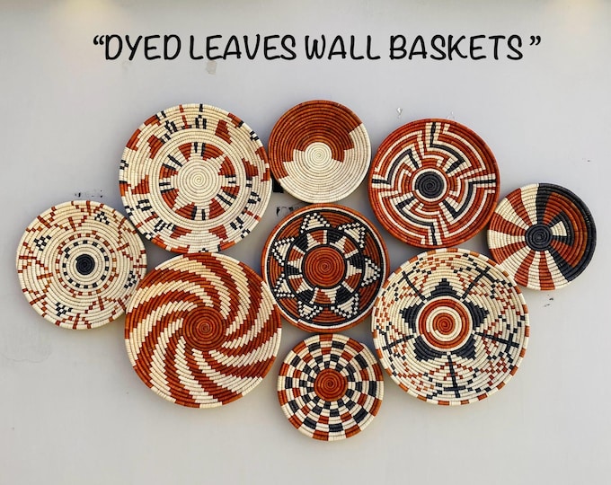 Boho Wall Basket Set Of 9, Handwoven African Baskets for Wall Decor, Neutral Rustic Woven Wall Art, Tribal Home Decor, Earthy Tone Baskets