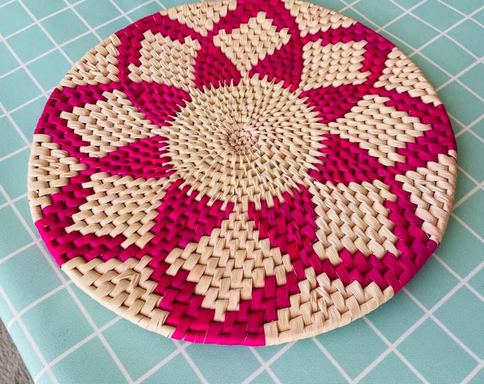 Pink Woven Placemats: Round Boho Table Mat, Natural Fiber