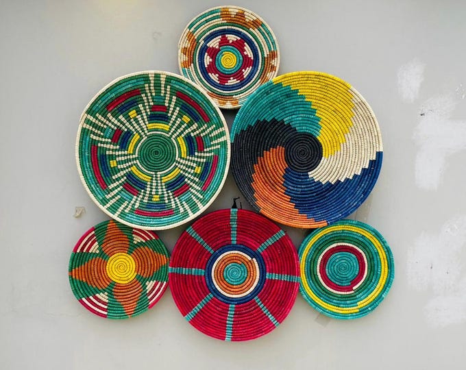 Woven Wall Basket Decor (Set of 6), Bohemian Wall Hanging, Boho African Art, Dyed Palm & Sea Grass