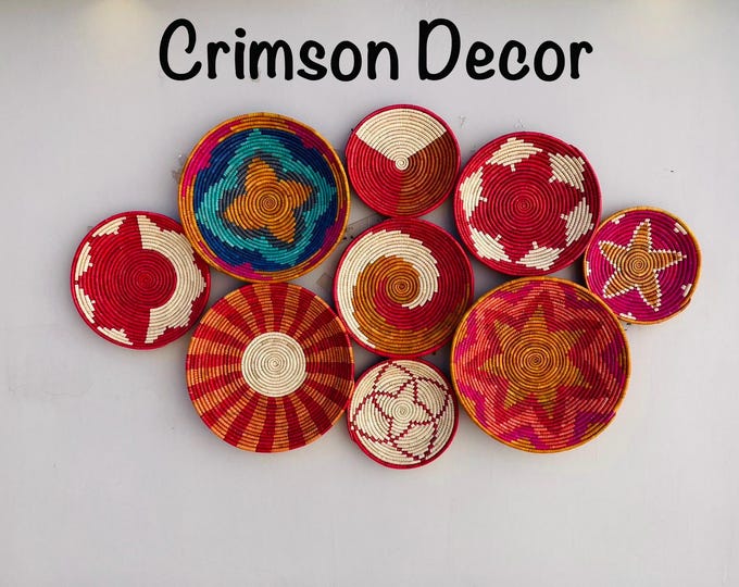 Wall Basket Decor Set of 9, Bohemian Wall Basket, Unique Wall Basket Decor, Woven Seagrass Baskets, Living Room & Bedroom Wall hanging