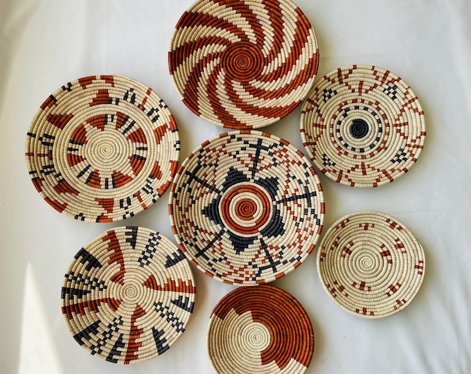 Neutral & Earthy Tones Woven Wall Baskets Set Of 7, Boho Wall Baskets, Woven African Baskets, Basket Wall Art, Rustic Wall Hanging Decor