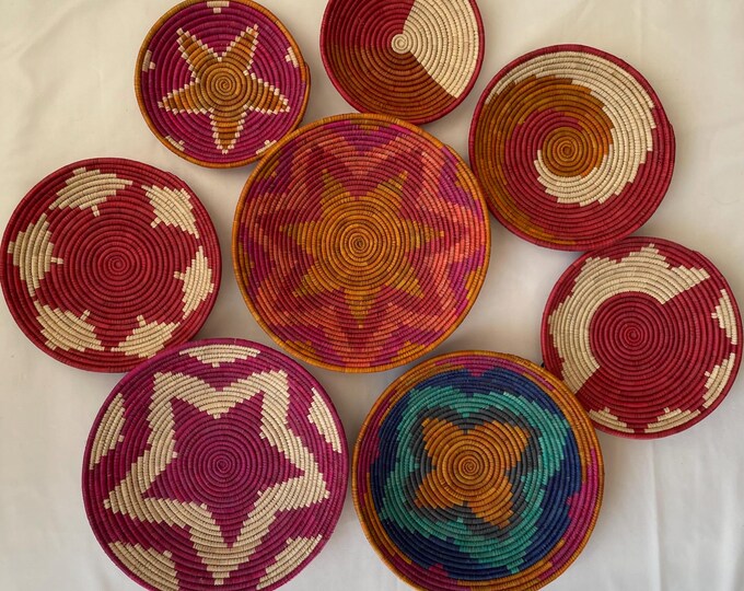Handwoven Wall Basket Set Of 8, Decorative Bowl Basket, Boho African Baskets, Made With Sea Grass & Palm Leaves, Colorfu Rustic Wall Decor