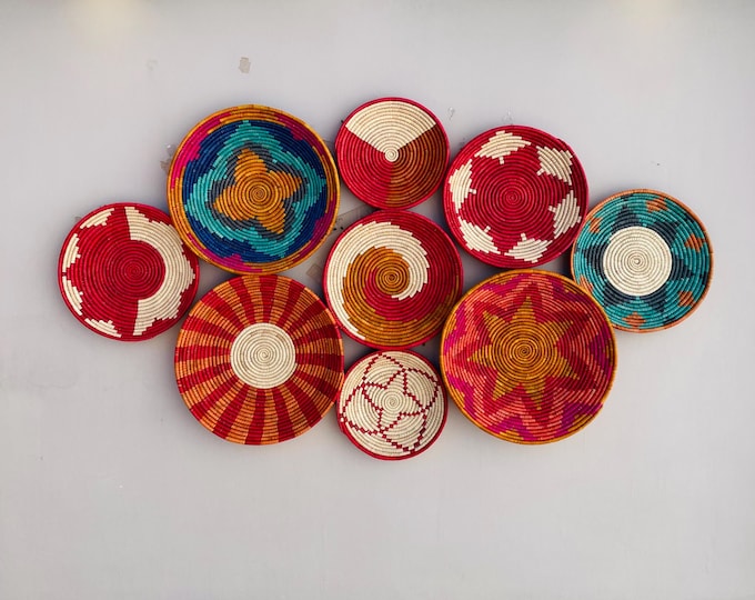 Woven Wall Basket Set Of 9, Handwoven African Baskets for Wall Decor, Colorful Rustic Boho Wall Art, Tribal Home Decor, Crimson Baskets