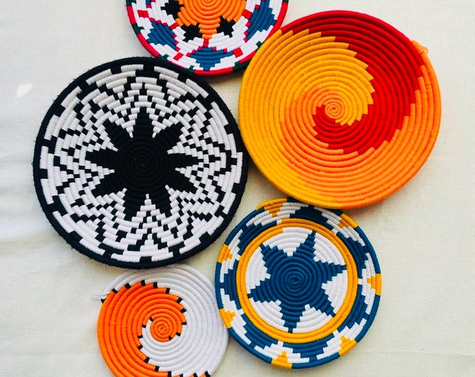 Boho Wall Basket Set of 5, Colorful Bohemian Wall Hanging, Woven Wall Baskets, African Wall Baskets, Living Room & Bedroom Wall Art