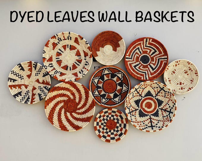 Woven Wall Basket Set Of 9, Handwoven African Baskets for Wall Decor, Neutral Rustic Boho Wall Art, Tribal Home Decor, Beige Brown Baskets