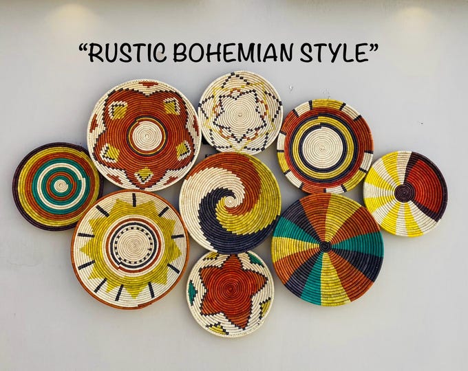 Handwoven Boho Tribal Wall Basket Set of 9 - Natural Fiber Geometric Sunburst Decor - African Ethnic Woven Wall Art - Bohemian Wall Decor