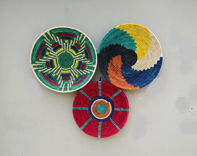 Woven Wall Basket Decor (Set of 3), Boho African Art, Assorted Baskets, Dyed Palm & Sea Grass