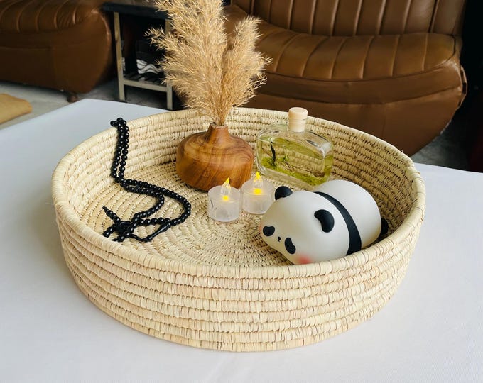 Woven Palm Leaf Tray: Rustic Farmhouse Coffee Table Decor, 15 inch