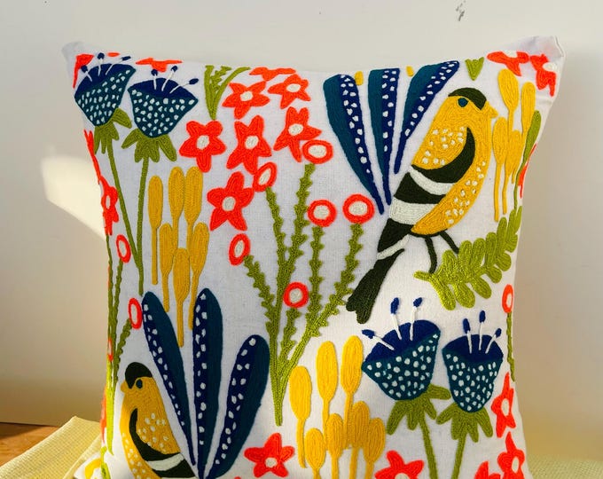 Songbirds Suzani Cotton Cushion Cover, Handmade Authentic Pakistani Embroidery, Decorative Multicolor Pillow For Couch, Colorful Home Decor