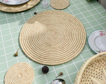 Handgewebte runde Tischsets Set 14 Zoll, Boho Tischsets für Tisch, rustikale gewebte Tischsets, Palmenblätter Umweltfreundliches Tischset, Boho Tischdekoration
