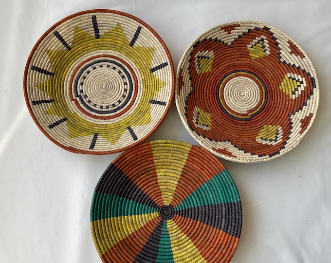 Wall Basket Decor Set Of 3, Hand Woven Basket Wall Art, Woven Wall Baskets, Boho Wall Baskets, African Wall Baskets, Wall Hanging Baskets